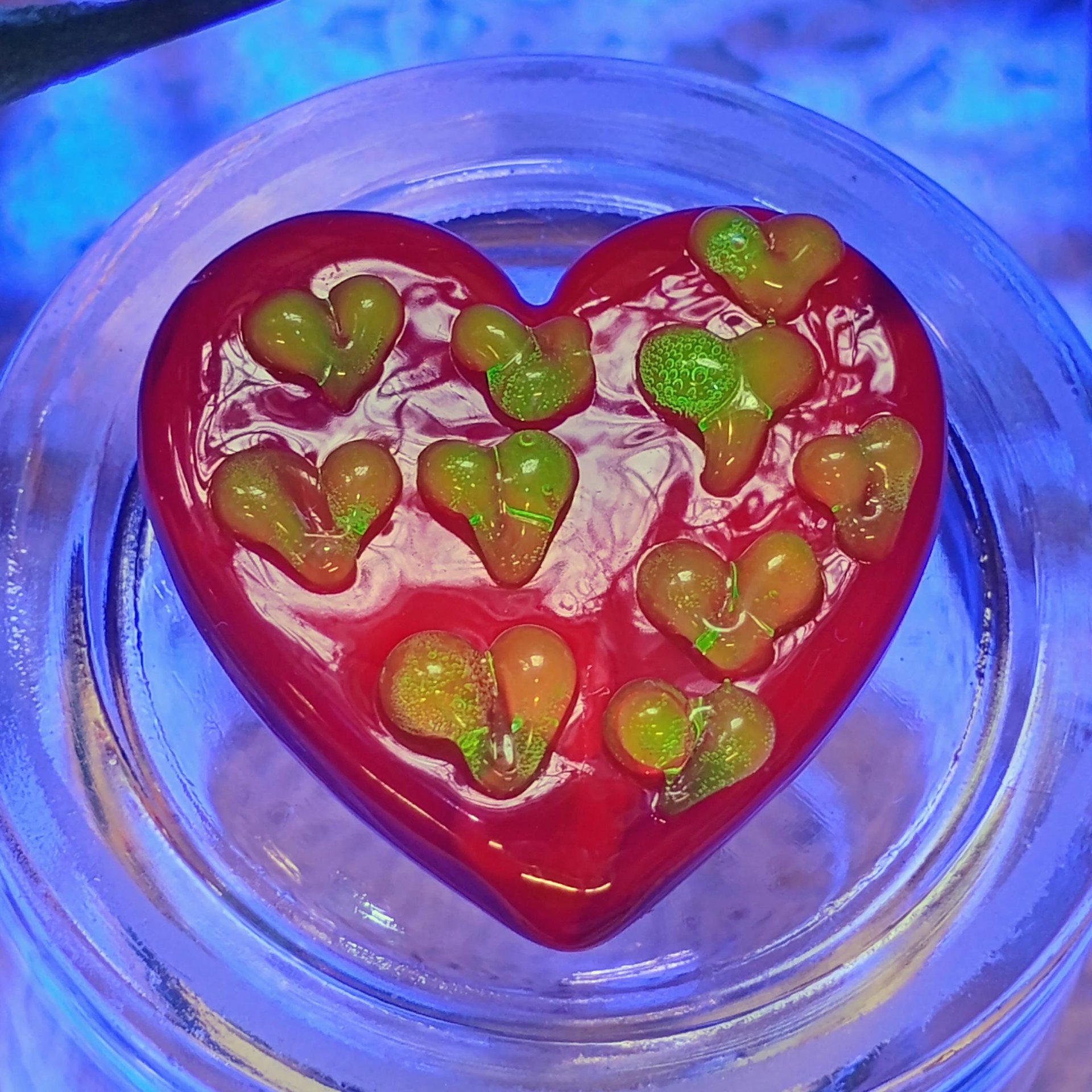 Red Glass + Uranium Vaseline Hearts; Hidden small uranium hearts with bubbles appear in UV light,  LG Heart 1.25" (30mm) Valentine's Love