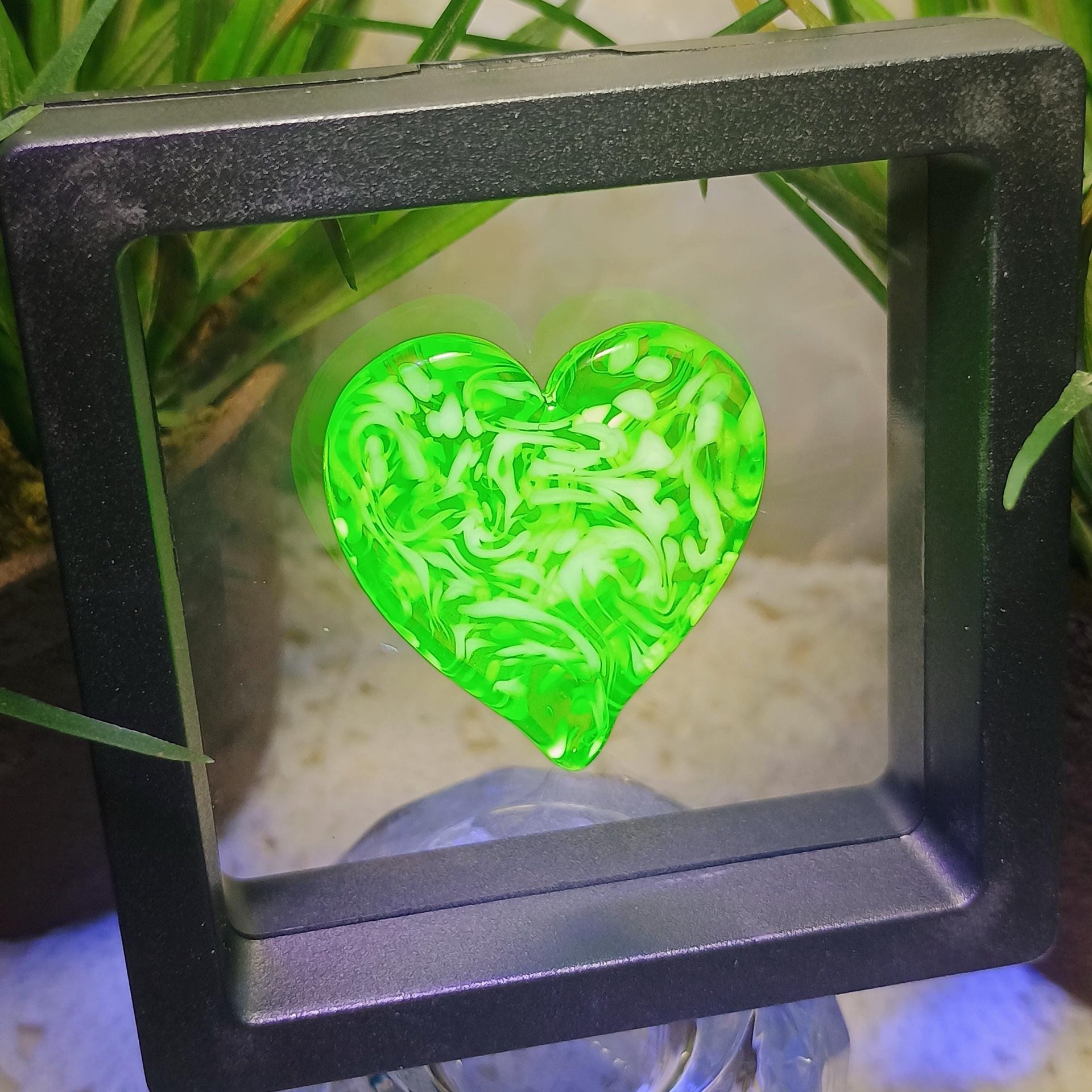 My Heart Glows! Uranium Large Heart 1.25" (30mm) vasoline glass with white victorian-lace swirls; wirewrapping, jewelry, pocket heart, gift,