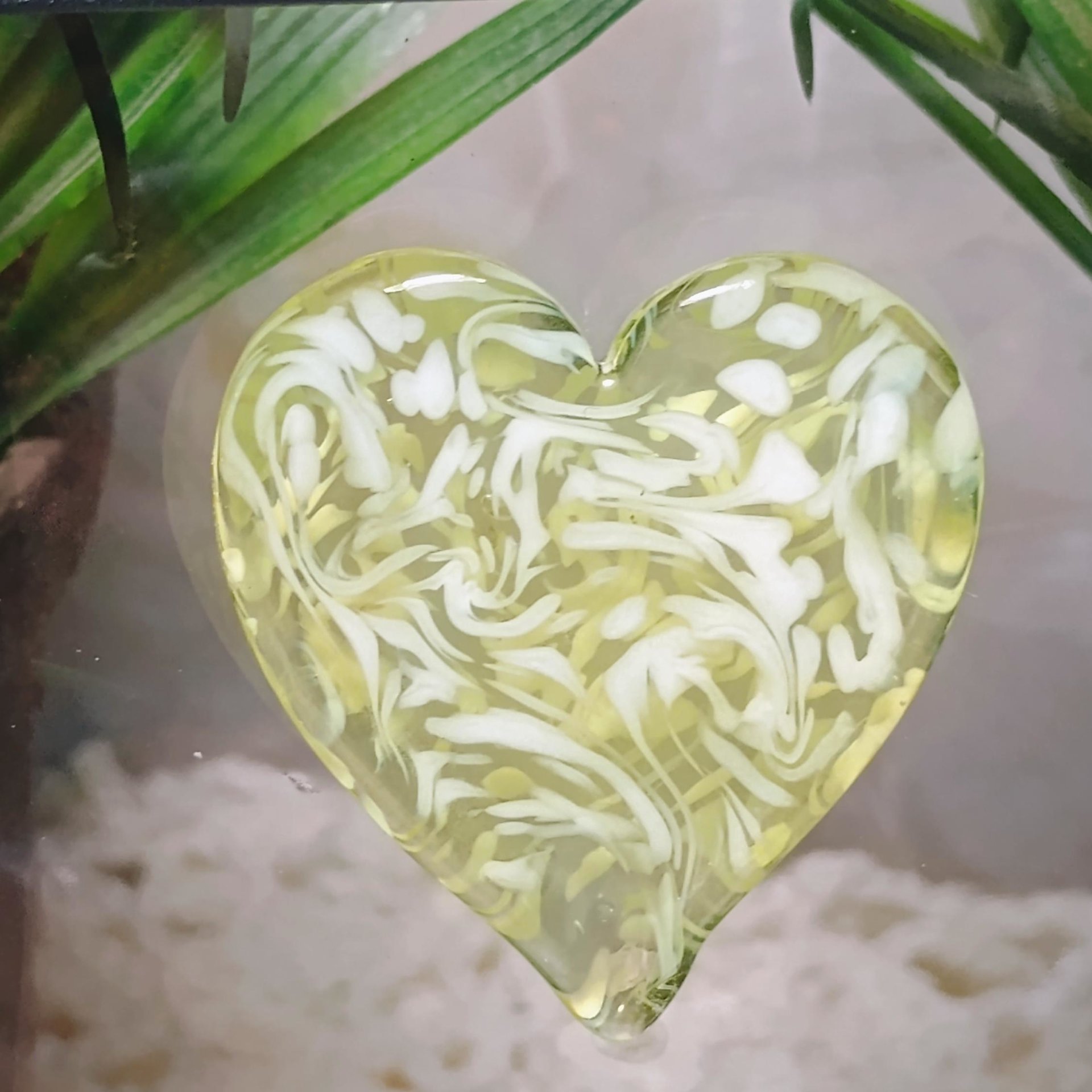 My Heart Glows! Uranium Large Heart 1.25" (30mm) vasoline glass with white victorian-lace swirls; wirewrapping, jewelry, pocket heart, gift,