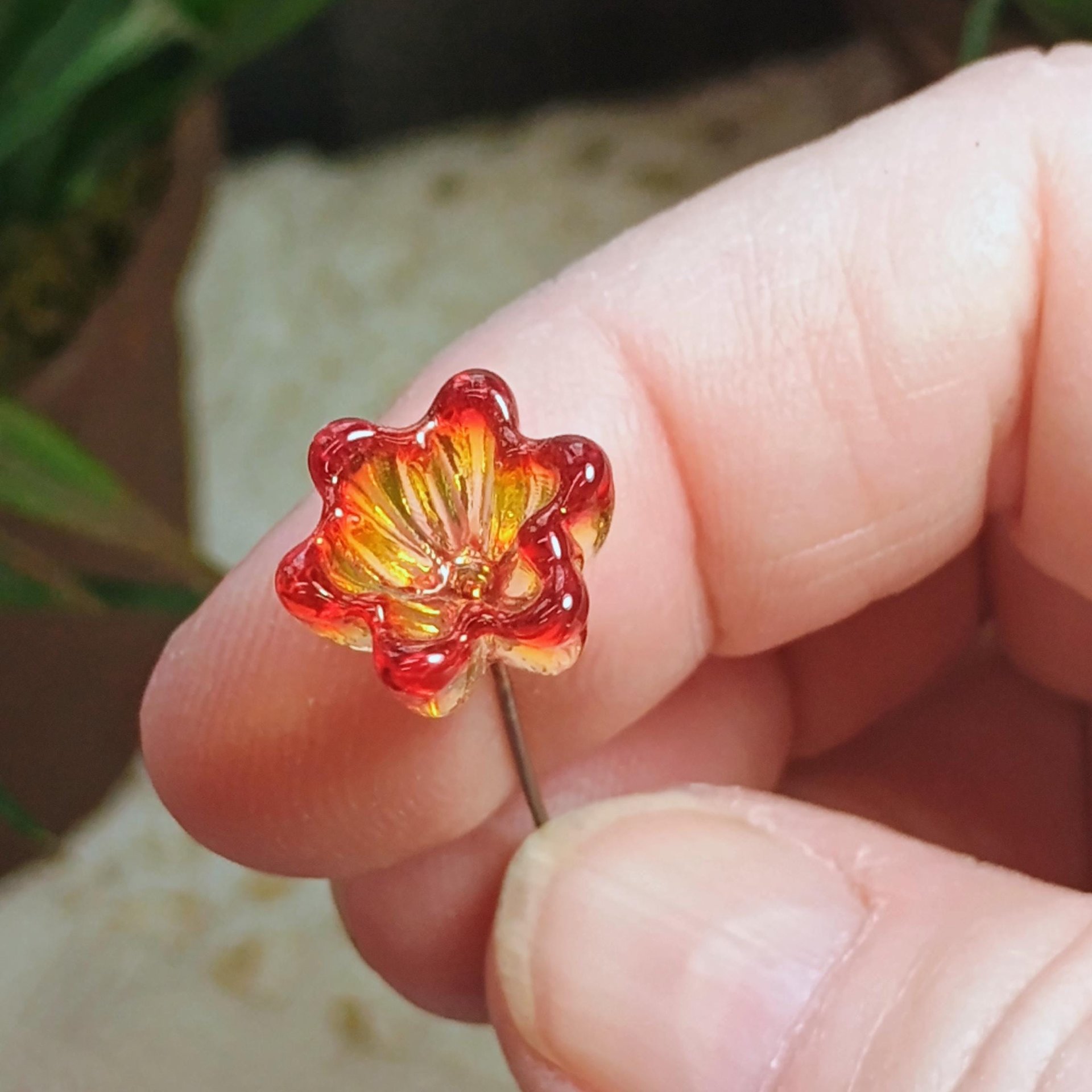 FIRE UV Reactive translucent ~glass flower miniature tiny small glass flowers on wire headpins; individually crafted lampwork; amber/red UV
