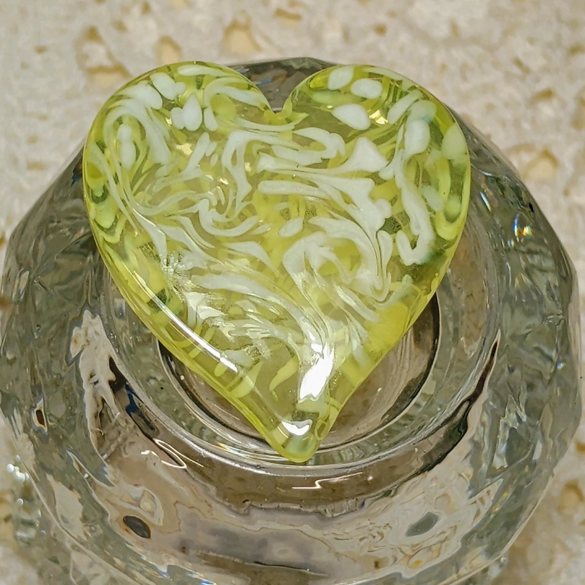 My Heart Glows! Uranium Large Heart 1.25" (30mm) vasoline glass with white victorian-lace swirls; wirewrapping, jewelry, pocket heart, gift,