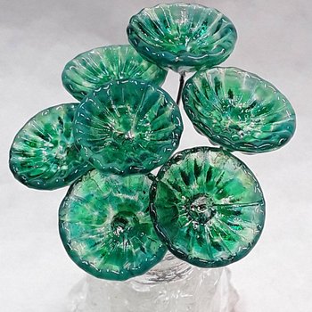 Lilypad Coral Disk glass flowers, tiny small mini glass flowers on wire; handcrafted lampwork, jewelry, mixed media, cabin, wedding, gift