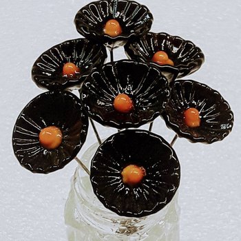 Black & Gold Coral Disk glass flower headpins,tiny small mini glass flowers on wire; glass lampwork, jewelry, mixed media, gifts college