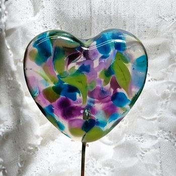 Glass Heart Plant Pick: Hydrangia Swirl heart on 5in wire. Use for floral bouquet, cake, plants, jewelry, gifts; each unique Measures 3/4in