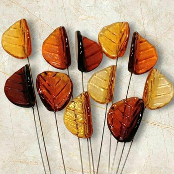 Amber Bent Glass Leaves fall autumn, leaf on 5" wire, variety of ambers; lampwork; pendant, jewelry, bouquet, plants, wedding, mixed media