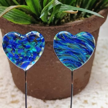 Glass Heart Plant Pick: Green Blue Frit Swirl, Heart on 5in wire. Use for floral bouquet, plants, jewelry, gifts; each unique Measures 3/4in