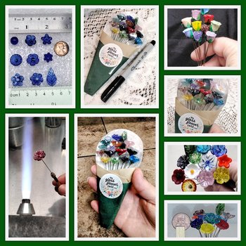 Dark Aqua glass flowers on wire, tiny small mini handcrafted lampwork, plant pick, jewelry, mixed media, wedding, cake decor, great gift