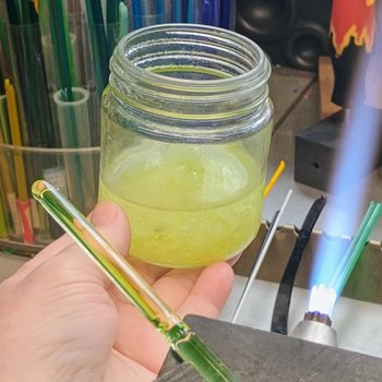 Uranium UV Glass Chips in Larger 1.75" Bottle Jar; Uranium, Green, Blue, Yellow, Amberina; curio, jewelry, mixed media, UV GLOW 365nm 395nm